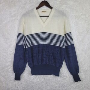 Vintage Saturdays in California Mens M V-Neck Sweater Striped Colorblock Navy